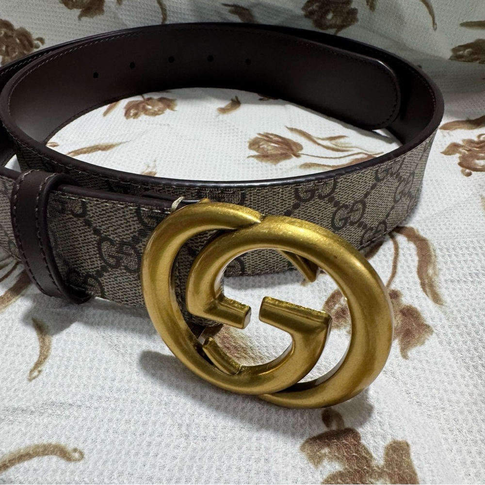 Gucci Beige GG Supreme and Leather GG Marmont Buckle Belt - Picture 11 of 13